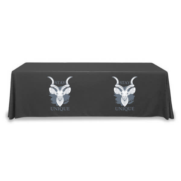 A black polyester table cover featuring a design with horns and a logo on two sides. Polyester Trade Show Table Cover - Image 1