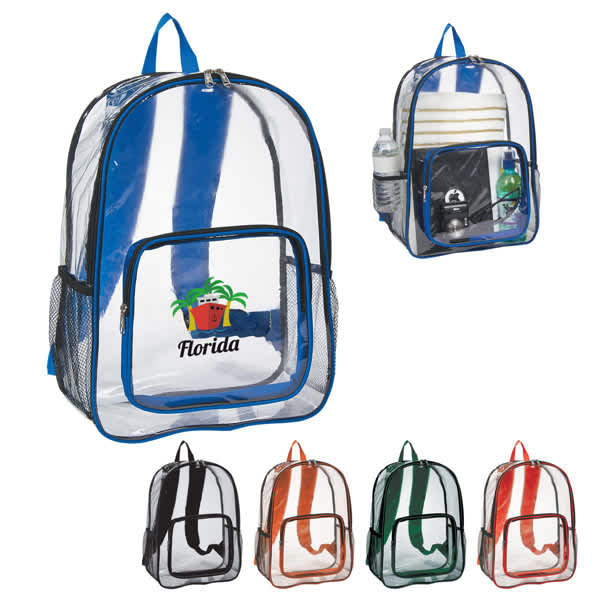 A clear heavy-duty school backpack in black, orange, green, and blue, featuring a logo and various compartments. Heavy Duty Clear School Bag - Image 1