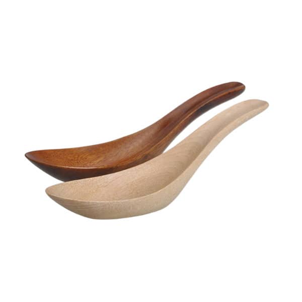 Two wooden soup spoons in light and dark brown finishes, featuring a smooth, elegant design. Wooden Soup Spoon - Image 1