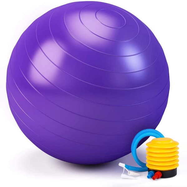 A purple PVC yoga ball accompanied by a small air pump. The ball features a ribbed surface for grip. Custom PVC Yoga Ball - Image 1