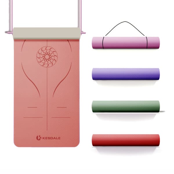 A pink TPE yoga mat with a decorative pattern, accompanied by rolled mats in purple, green, and red hues. TPE Yoga Mat - Image 1