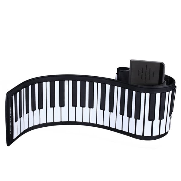 A black and white roll-up electronic organ keyboard, flexible and portable, with a small control module attached. Hand Roll Up Electronic Organ Keyboard - Image 1