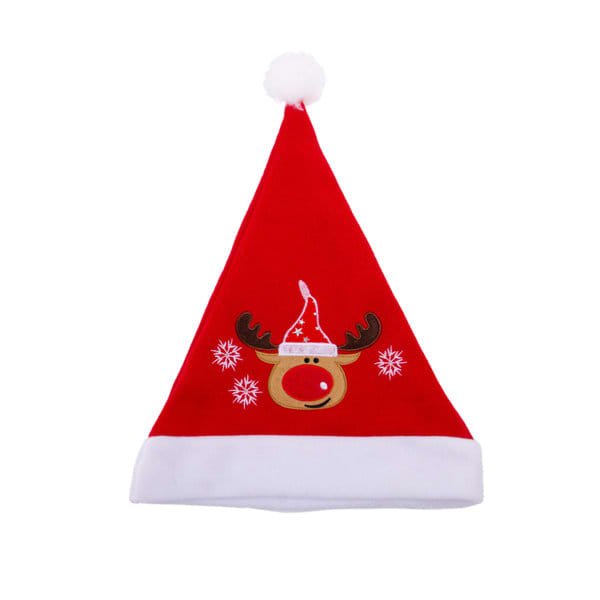 A red Santa hat with a reindeer print and white trim, featuring a pom-pom on top and snowflake designs. Personalized Santa Hat - Image 1