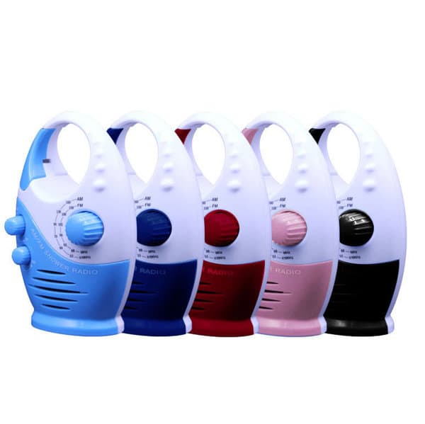 A set of five mini waterproof shower radios in blue, red, pink, and black. Each radio features a dial and handle. Mini Waterproof Shower Radio for Bathroom - Image 1