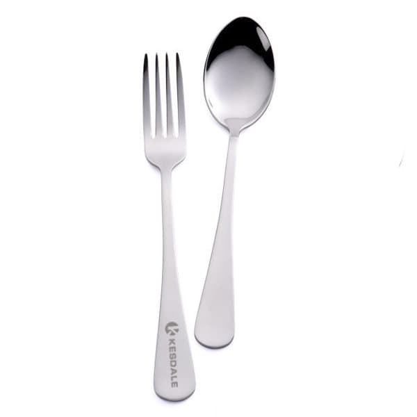 A stainless steel soup spoon and fork set with a polished finish and branding on the handle. Stainless Steel Table Spoon Fork Set - Image 1