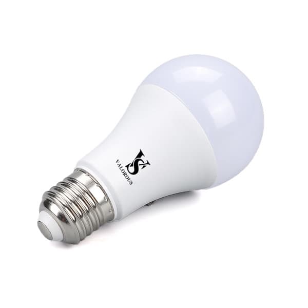 A white 7W smart LED light bulb with a silver base and a logo on its side. 7W Smart LED Light Bulb - Image 1