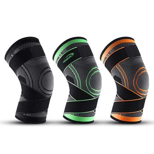 Three knitted strap sports knee pads in black, green, and orange, featuring logos and a textured design. Knitted Strap Sports Knee Pad - Image 1