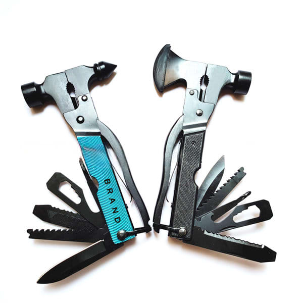 Two stainless steel combination tools featuring various implements, including an axe, knife, and different blades, in black and silver. Stainless Steel Combination Tools - Image 1