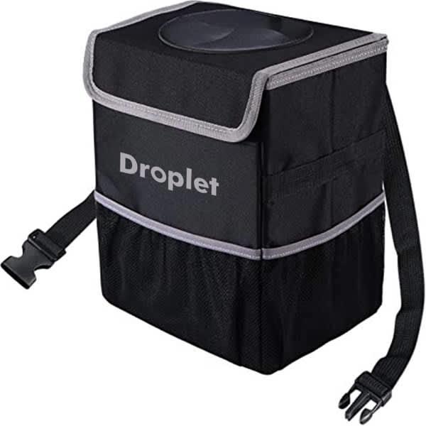 A waterproof, leakproof black trash can with a grey trim and adjustable strap, featuring a logo on the front. Waterproof Leakproof Trash Car Can - Image 1