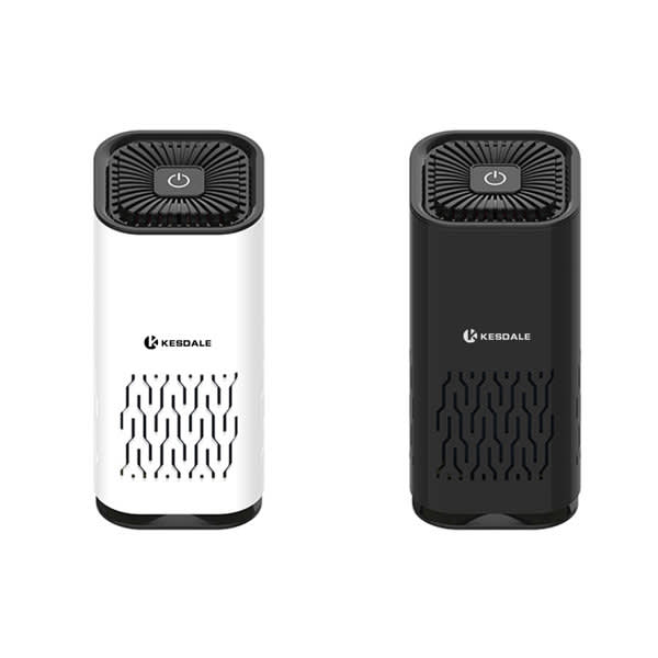A mini portable air purifier in white and black, featuring a compact design and a power button on top. Mini Portable Air Purifier - Image 1