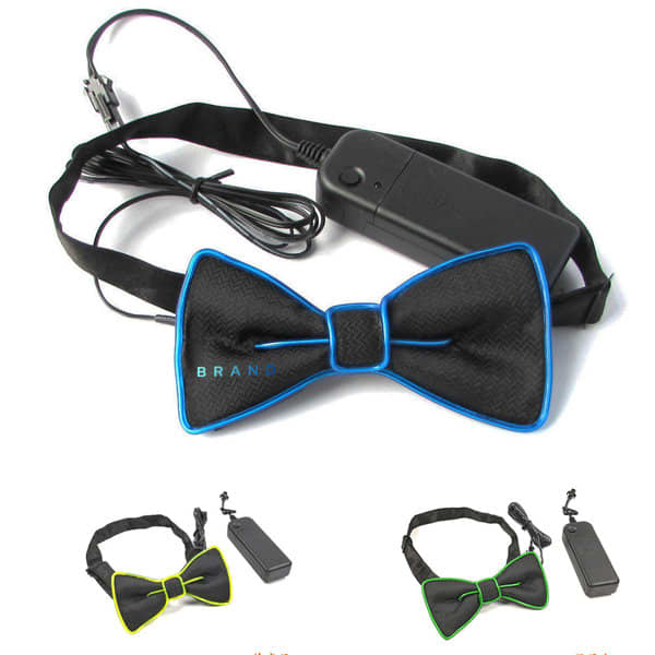 A black bow tie with blue, yellow, and green accents, featuring a battery pack and adjustable strap. Men Light Up Bow Tie - Image 1
