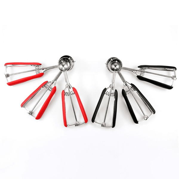 A large multifunctional stainless steel ice cream scoop with red and black silicone grips, featuring a shiny metallic scoop. Large Multifunctional Stainless Steel Ice Cream Scoop - Image 1