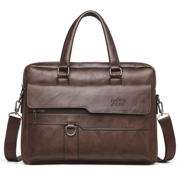 A brown PU leather messenger bag with double handles, a shoulder strap, and various compartments. It features a logo. Men's PU Leather Messenger Bag - Image 1