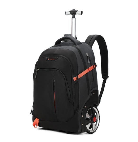 A black trolley backpack with wheels features orange accents and adjustable straps. It has a sturdy handle and multiple pockets. Trolley Backpack With Wheels - Image 1