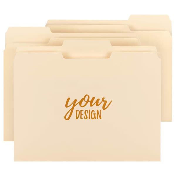 A set of beige Manila file folders with a simple design and a logo in the corner. Manila File Folder - Image 1