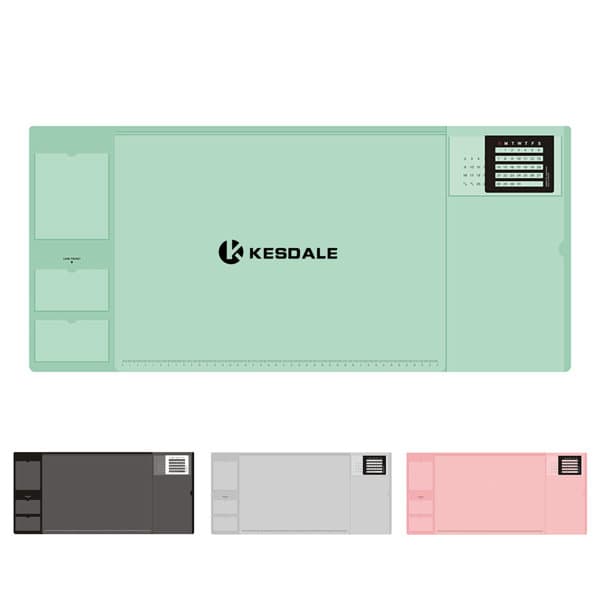 A multifunctional office desk pad in mint green with compartments, featuring a logo and available in black, grey, and pink. Multifunctional Office Desk Pad - Image 1