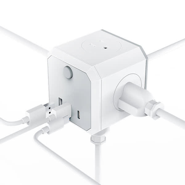 A white socket cube with multiple ports and a cord, featuring a logo. Socket Cube With Cord - Image 1