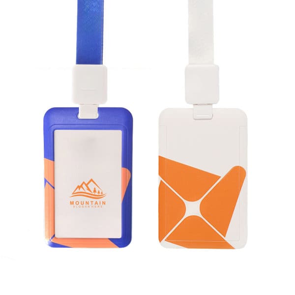 A ID card holder with lanyard, featuring a blue and white design with orange accents. Includes a logo. ID Card Holder With Lanyard - Image 1