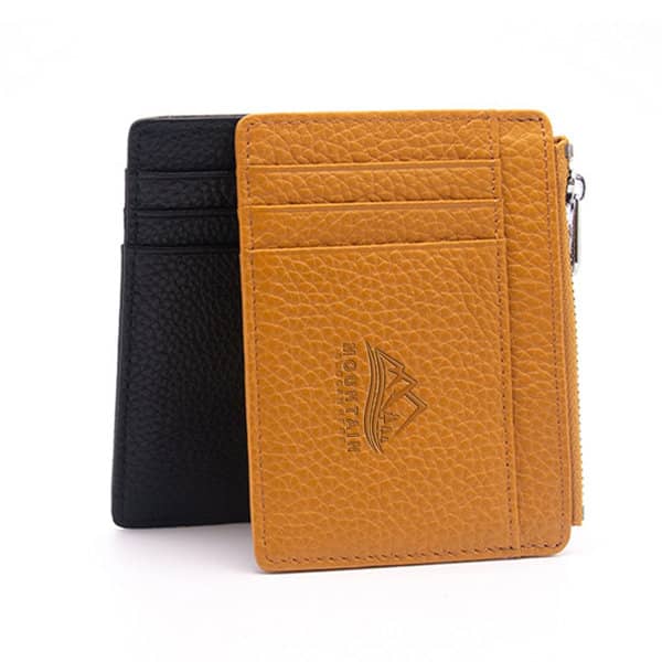 A mini leather zipper card wallet featuring black and mustard yellow colours, with multiple card slots and a zip pocket. Mini Leather Zipper Card Wallet - Image 1