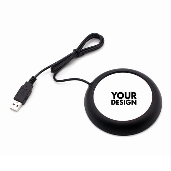 A black portable coffee mug warmer with a USB cable, featuring a customised design area. Portable Coffee Mug Warmer - Image 1