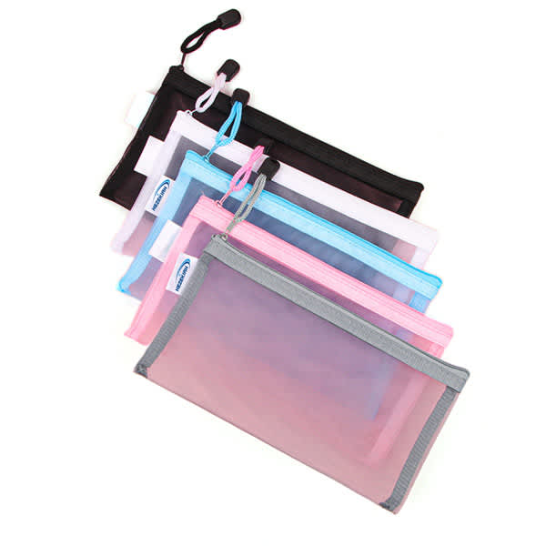 A collection of clear mesh zipper file pouches in black, pink, white, blue, and grey, featuring various zipper colours. Clear Mesh Zipper File Pouch - Image 1