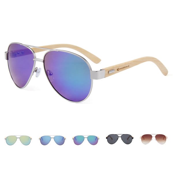 Classic aviator sunglasses with a silver frame and mirrored purple lenses, featuring bamboo temples and a logo on the side. Classic Bamboo Temples Sunglasses - Image 1