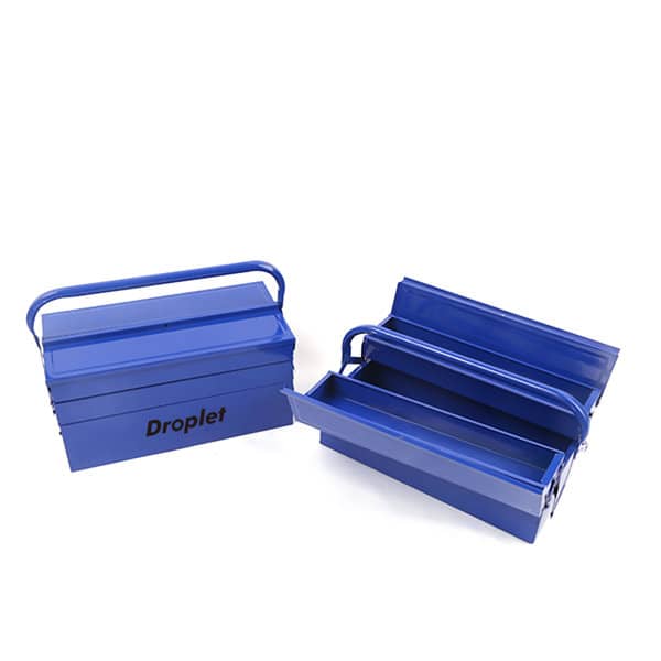 A blue double-layer iron tool box with a handle, featuring an open design showcasing multiple compartments. Double Layer Iron Tool Box - Image 1