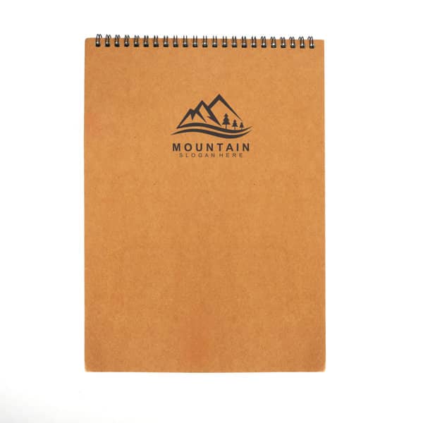 A4 spiral bound sketchbook with a brown cover and a logo featuring mountains on the front. A4 Spiral Bound Sketchbook - Image 1