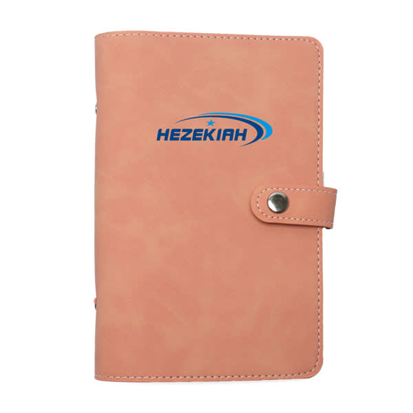 A peach PU leather ring binder portfolio features a snap closure and a logo. PU Leather Ring Binder Portfolio - Image 1