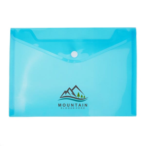 A blue clear button file bag with a snap closure and a logo featuring mountains and trees. Clear Button File Bag - Image 1