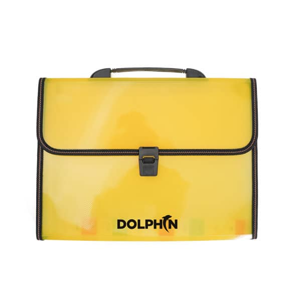 A portable file bag in bright yellow with a black handle and clasp, featuring a logo on the front. Portable Organ File Bag - Image 1