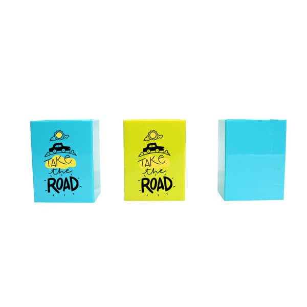 A plastic square pen holder in blue and yellow colours, featuring a logo on the front. Plastic Square Pen Holder - Image 1