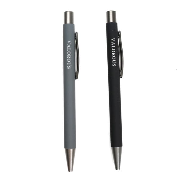 Two retractable ballpoint pens in grey and black, featuring a silver clip and a logo on the barrel. Personalized Retractable Ballpoint Pen - Image 1