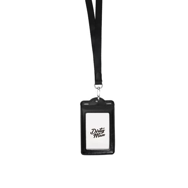 A black leather ID card holder with a lanyard, featuring a blank card slot and a logo. Leather ID Card Holder With Lanyard - Image 1
