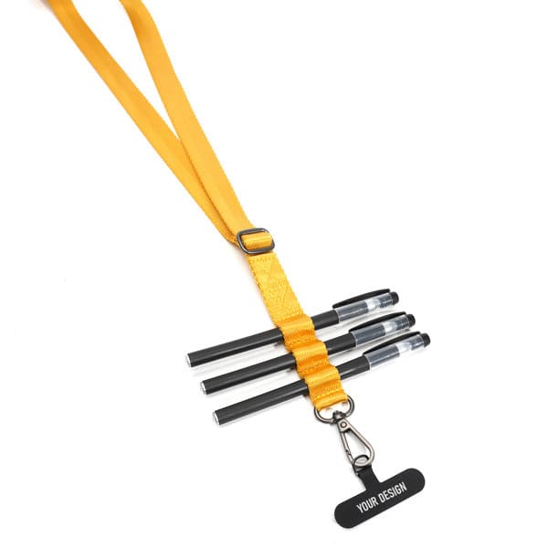 A vibrant yellow adjustable nylon lanyard with a pen holder and three black pens attached. Features a branding area. Adjustable Nylon Lanyard With Pen Holder - Image 1