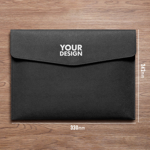 A black PU leather A4 document file folder with a closed flap and dimensions displayed. It features a logo. PU Leather A4 Document File Folder - Image 1