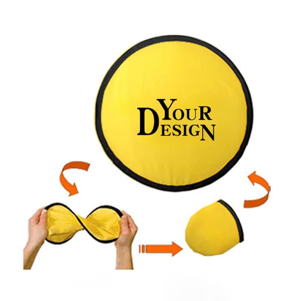 A foldable pop-up fan in vibrant yellow, featuring a design area and a logo. It is shown in both open and folded states. Foldable Pop Up Fan - Image 1