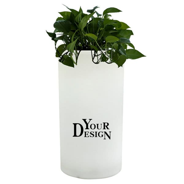 A white LED illuminated flower pot featuring green plants and a logo. Suitable for indoor decoration. LED llluminated Flower Pot - Image 1