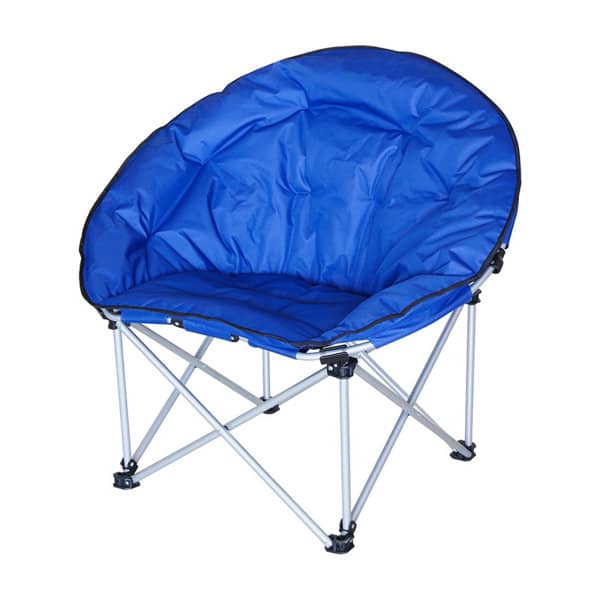 A blue outdoor folding camping moon chair with a padded seat and metal frame. It features a logo on the back. Outdoor Folding Camping Moon Chair - Image 1