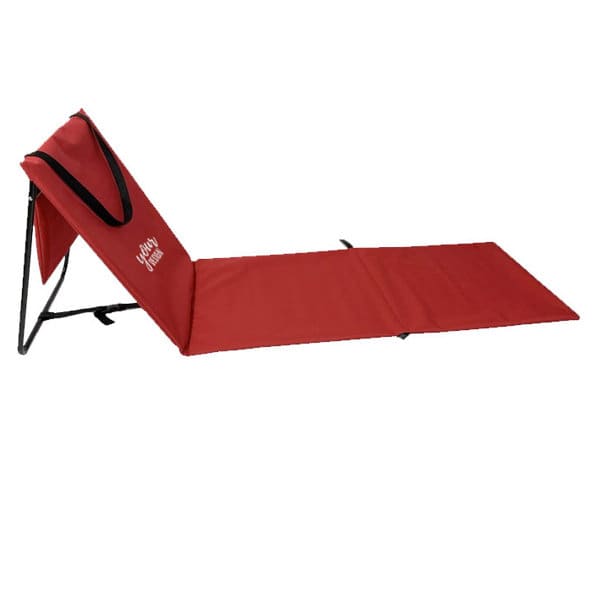 A red folding beach lounger mat with a backrest and a supportive frame. The mat includes a logo. Folding Beach Lounger Mat - Image 1