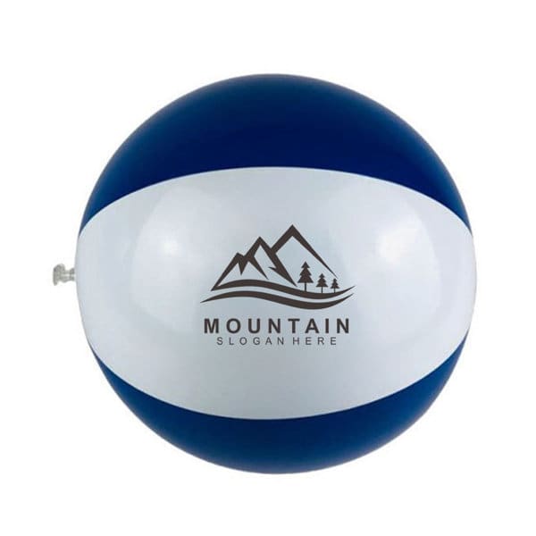 A 12 inch inflatable beach ball featuring blue and white stripes, with a logo printed on it. 12 Inch Inflatable Beach Ball - Image 1