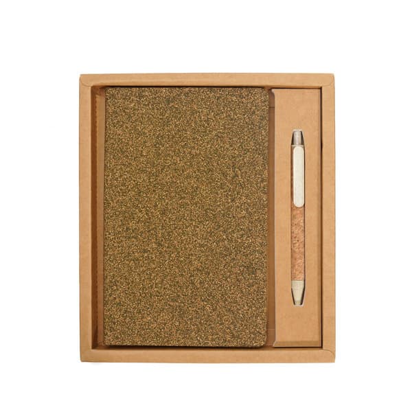 A biodegradable notebook and pen gift set in a natural brown packaging, featuring a gold-hued notebook and a cork pen. Biodegradable Notebook Gift Set - Image 1