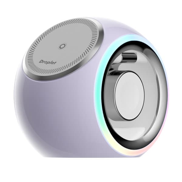 A round, light purple wireless charger with a silver centre, featuring a multi-coloured light ring and a logo. 3 In 1 Magnetic Wireless Charger - Image 1