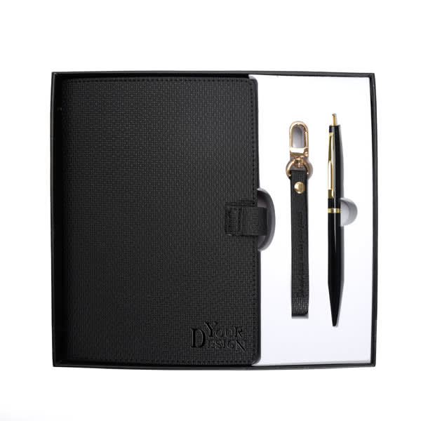A portable notebook gift set featuring a black notebook, a pen, and a keychain, all presented in a stylish box. Portable Notebook Gift Set - Image 1