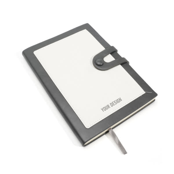 A softcover PU leather journal notebook in white and black, featuring a strap closure and a ribbon bookmark. Softcover PU Leather Journal Notebook - Image 1