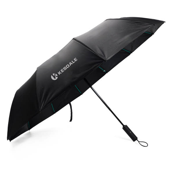 A black portable automatic folding umbrella with a logo and a slender handle. Portable Automatic Folding Umbrella - Image 1