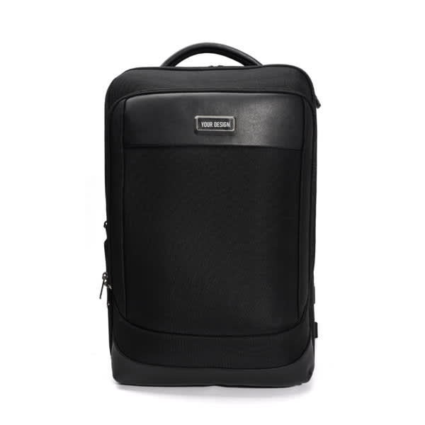 A black genuine leather backpack featuring a sleek design and a logo on the front panel. Business Genuine Leather Backpack - Image 1