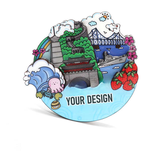 A custom 3D wooden refrigerator magnet featuring vibrant colours, illustrations of landmarks, and a decorative border. Custom 3D Wooden Refrigerator Magnet - Image 1