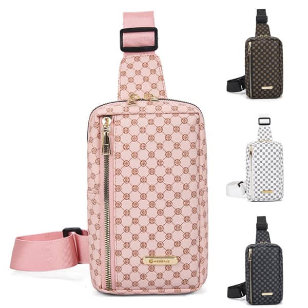A pink PU leather chest pack with a zip and adjustable strap, alongside black and white patterned variations. PU Leather Chest Pack - Image 1