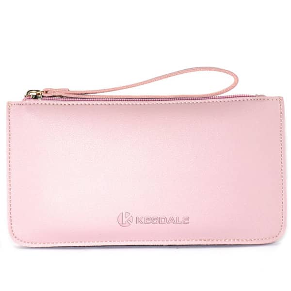 A pink soft PU double layer long wallet with a zipper and a wrist strap, featuring a logo. Soft PU Double Layer Long Wallet - Image 1